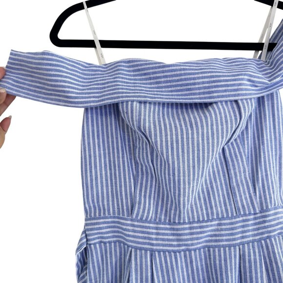 JOA Women's Striped Blue & White Poplin Off-the-Shoulder Midi Dress Size S - Picture 2 of 7